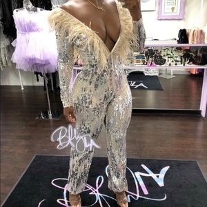 BflyLa Celebration Sequin Jumpsuit w/ Feather